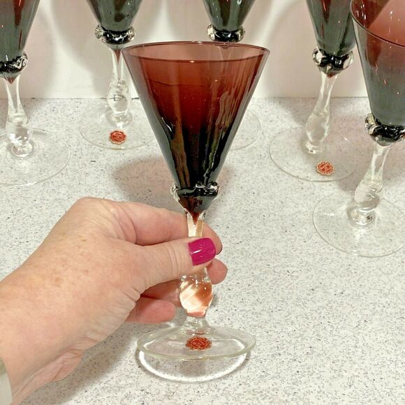 Wine Glasses Clear Crystal & Purple Hand Blown Glass Vintage Italian Set of 6 - Picture 8 of 10